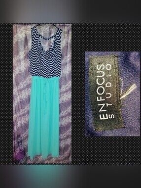 Enfocus Studio Blk/Wht/Mint Grn Chevron/Colorblock Woven & Knit Maxi Dress Sz 14